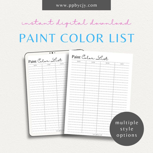 Paint Color List Printable Template – Digital download for organizing and tracking paint colors, including names, codes, and usage details.