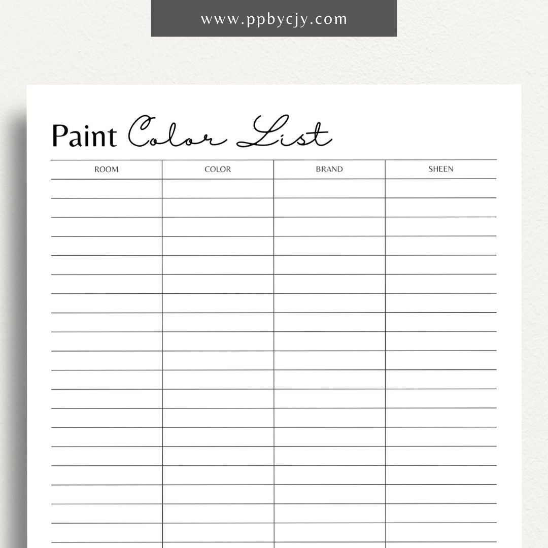 Paint Color List Printable Template – Digital download for organizing and tracking paint colors, including names, codes, and usage details.