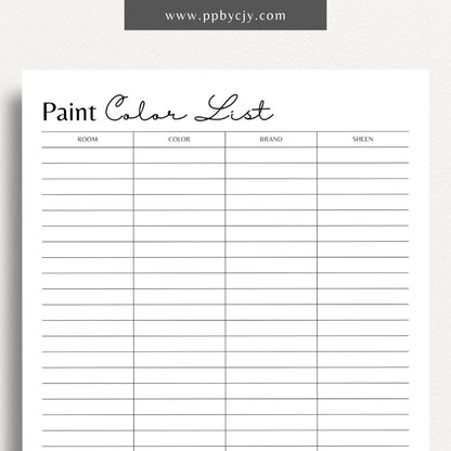 Paint Color List Printable Template – Digital download for organizing and tracking paint colors, including names, codes, and usage details.