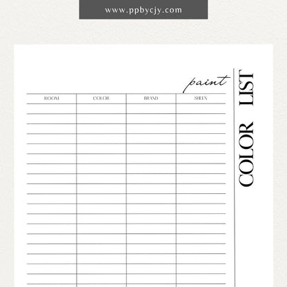 Paint Color List Printable Template – Digital download for organizing and tracking paint colors, including names, codes, and usage details.