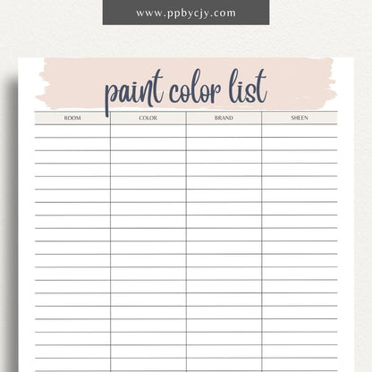 Paint Color List Printable Template – Digital download for organizing and tracking paint colors, including names, codes, and usage details.