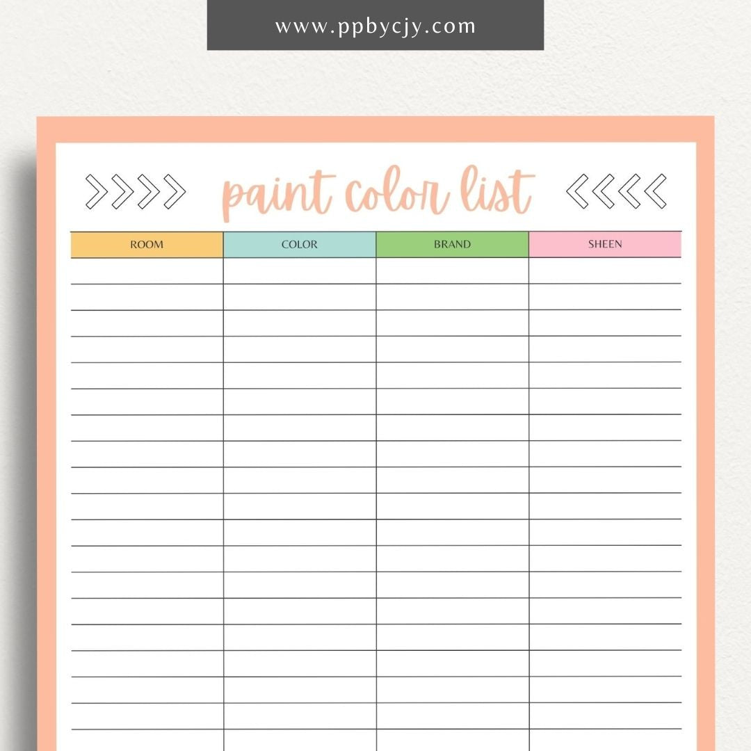 Paint Color List Printable Template – Digital download for organizing and tracking paint colors, including names, codes, and usage details.