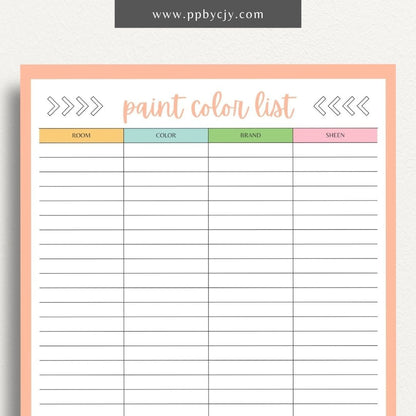 Paint Color List Printable Template – Digital download for organizing and tracking paint colors, including names, codes, and usage details.