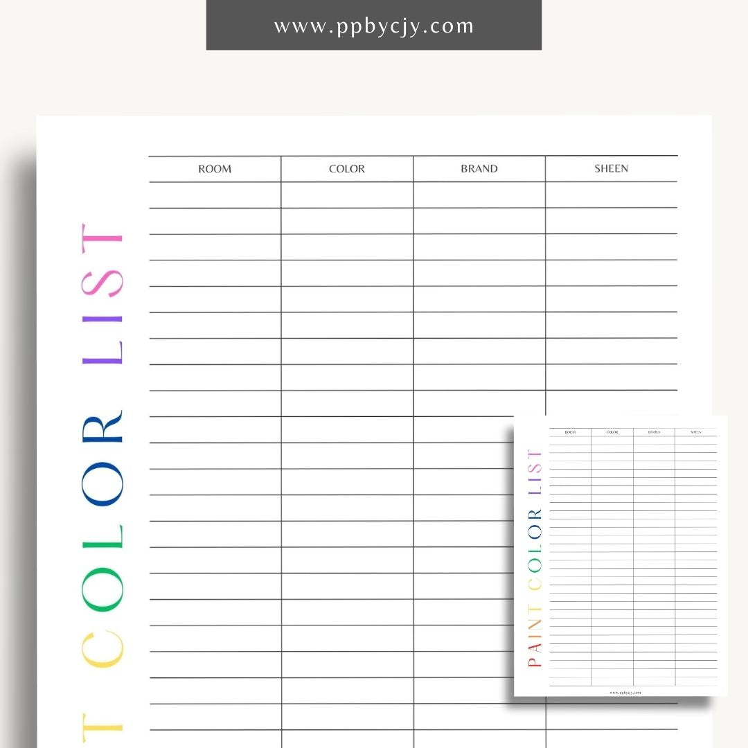 Paint Color List Printable Template – Digital download for organizing and tracking paint colors, including names, codes, and usage details.