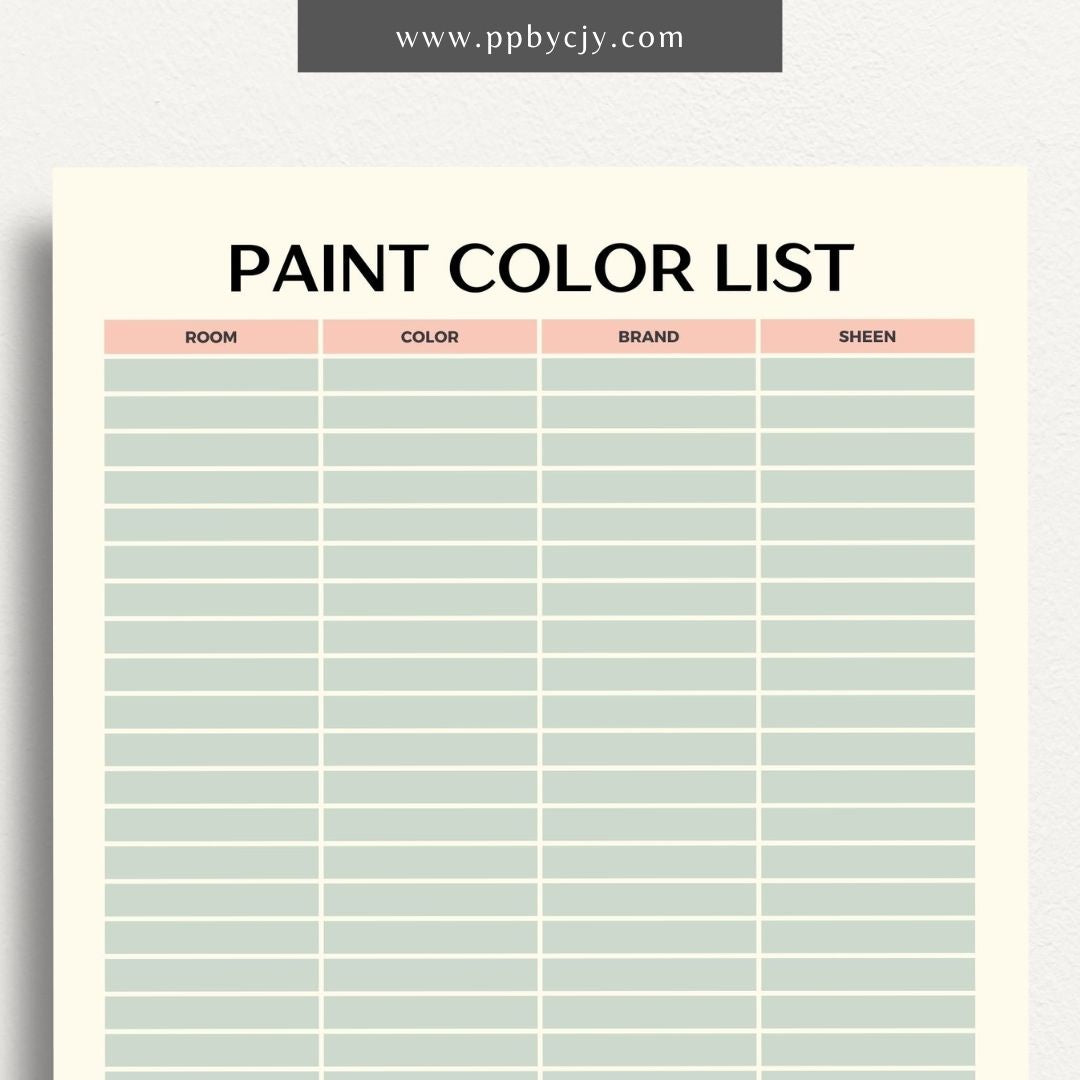 Paint Color List Printable Template – Digital download for organizing and tracking paint colors, including names, codes, and usage details.