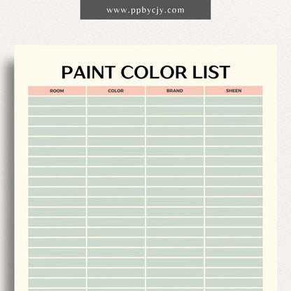 Paint Color List Printable Template – Digital download for organizing and tracking paint colors, including names, codes, and usage details.