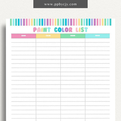 Paint Color List Printable Template – Digital download for organizing and tracking paint colors, including names, codes, and usage details.