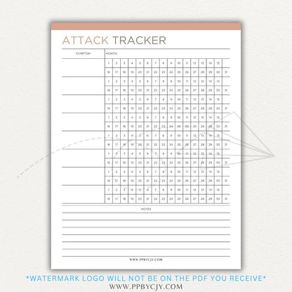 Panic attack tracker printable PDF template with sections for logging triggers, symptoms, duration, intensity, coping strategies, and after-effects.

