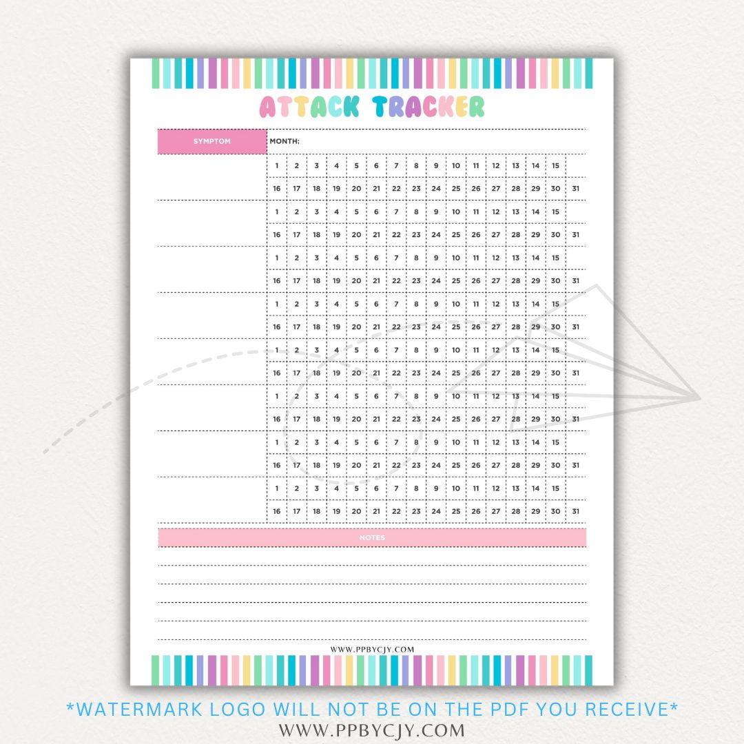 Panic attack tracker printable PDF template with sections for logging triggers, symptoms, duration, intensity, coping strategies, and after-effects.

