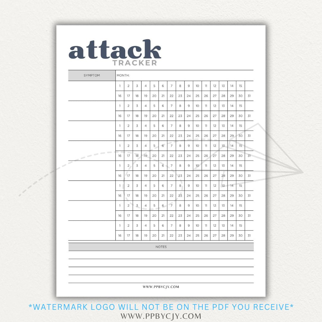 Panic attack tracker printable PDF template with sections for logging triggers, symptoms, duration, intensity, coping strategies, and after-effects.

