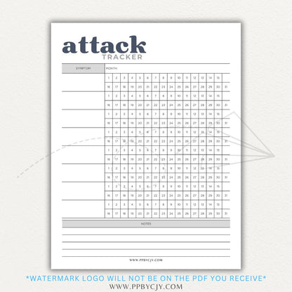 Panic attack tracker printable PDF template with sections for logging triggers, symptoms, duration, intensity, coping strategies, and after-effects.

