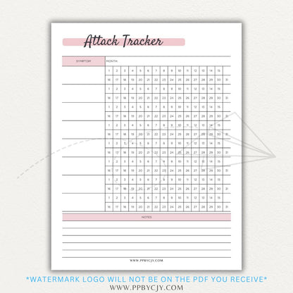 Panic attack tracker printable PDF template with sections for logging triggers, symptoms, duration, intensity, coping strategies, and after-effects.

