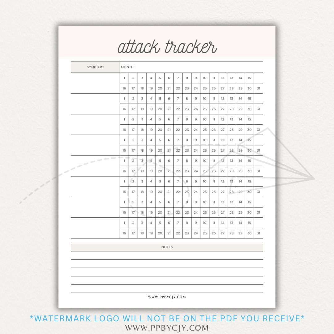 Panic attack tracker printable PDF template with sections for logging triggers, symptoms, duration, intensity, coping strategies, and after-effects.

