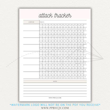 Panic attack tracker printable PDF template with sections for logging triggers, symptoms, duration, intensity, coping strategies, and after-effects.

