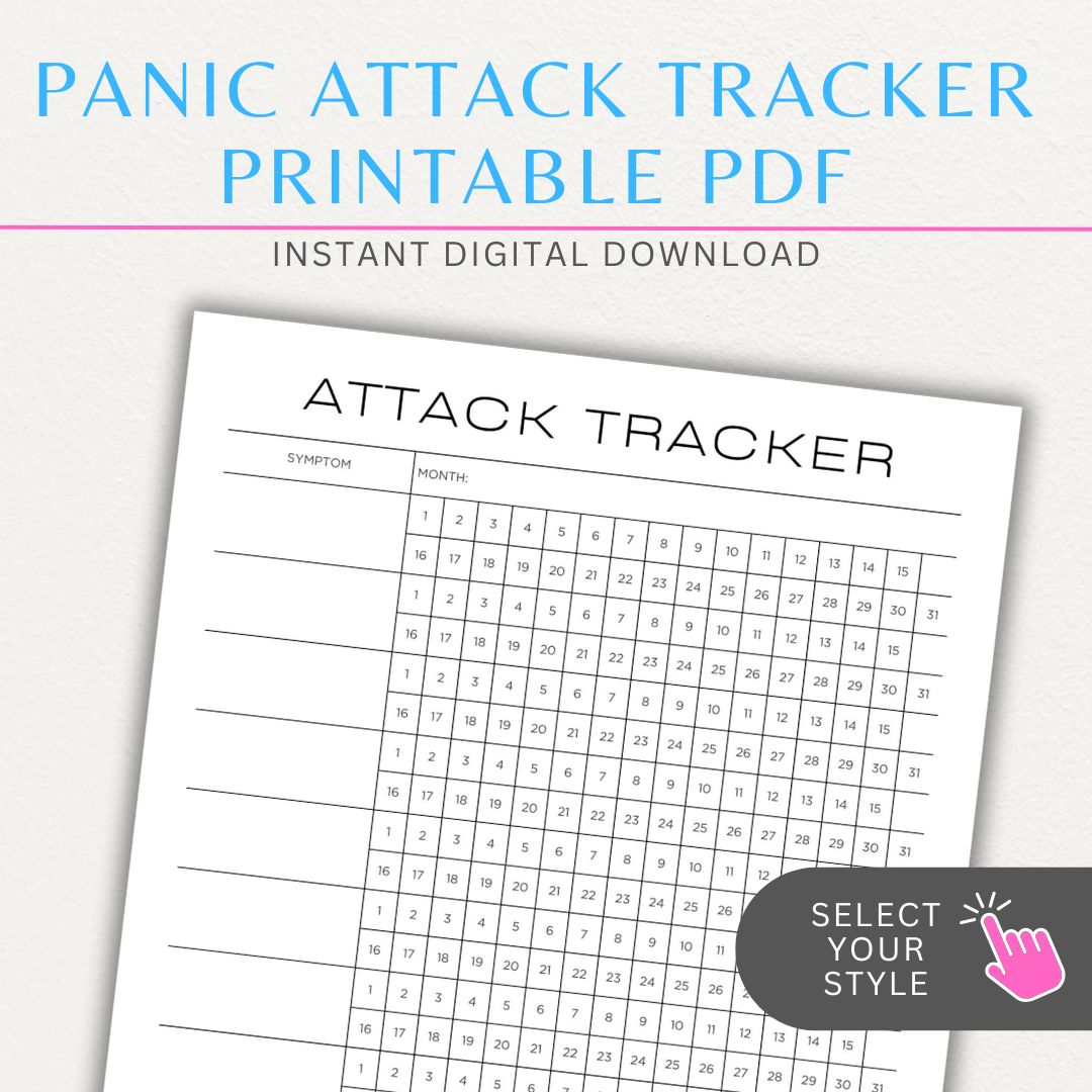 Panic attack tracker printable PDF template with sections for logging triggers, symptoms, duration, intensity, coping strategies, and after-effects.

