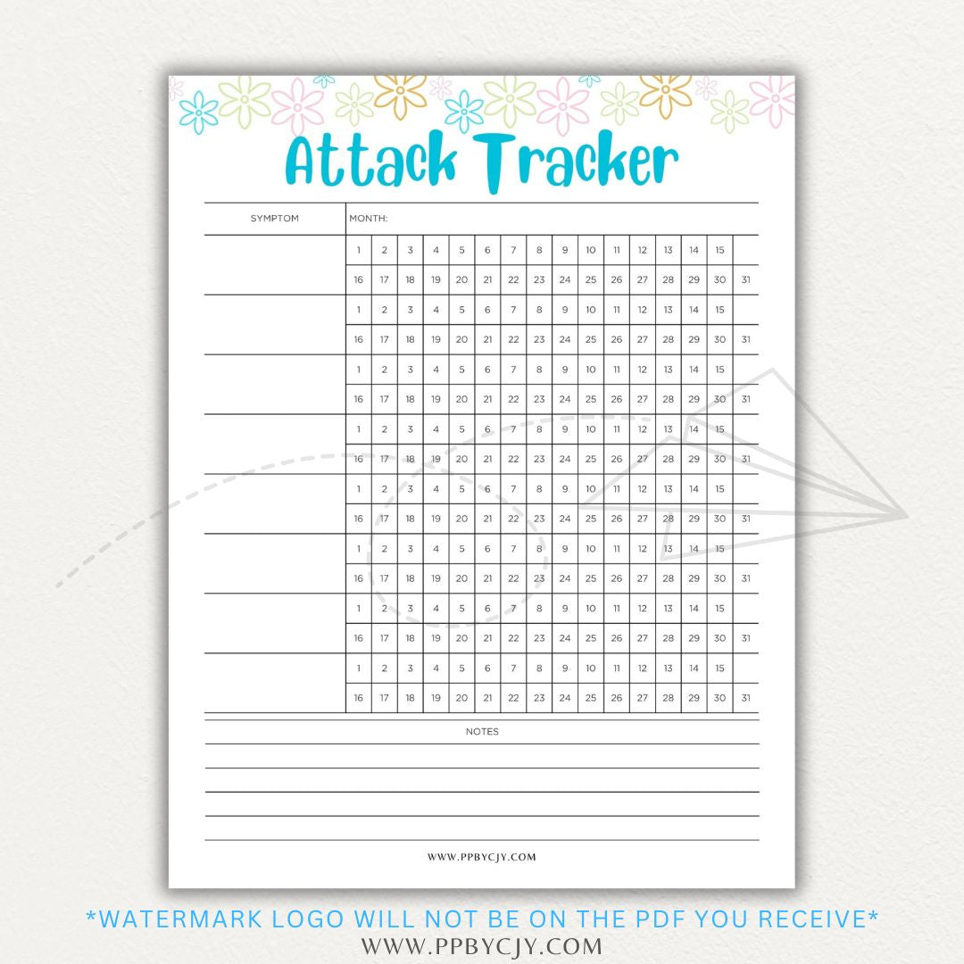 Panic attack tracker printable PDF template with sections for logging triggers, symptoms, duration, intensity, coping strategies, and after-effects.

