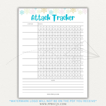 Panic attack tracker printable PDF template with sections for logging triggers, symptoms, duration, intensity, coping strategies, and after-effects.

