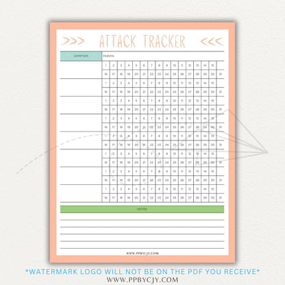 Panic attack tracker printable PDF template with sections for logging triggers, symptoms, duration, intensity, coping strategies, and after-effects.

