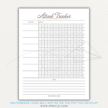 Panic attack tracker printable PDF template with sections for logging triggers, symptoms, duration, intensity, coping strategies, and after-effects.

