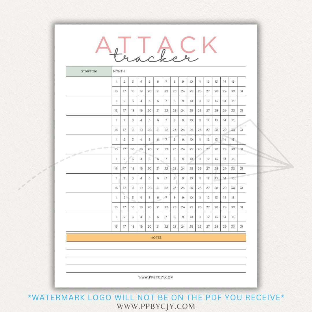 Panic attack tracker printable PDF template with sections for logging triggers, symptoms, duration, intensity, coping strategies, and after-effects.

