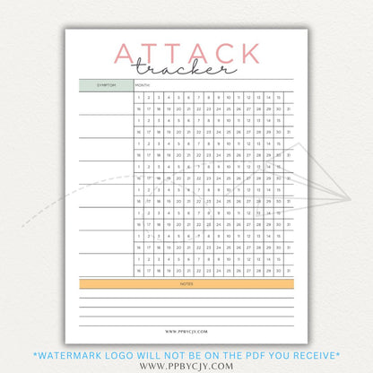 Panic attack tracker printable PDF template with sections for logging triggers, symptoms, duration, intensity, coping strategies, and after-effects.

