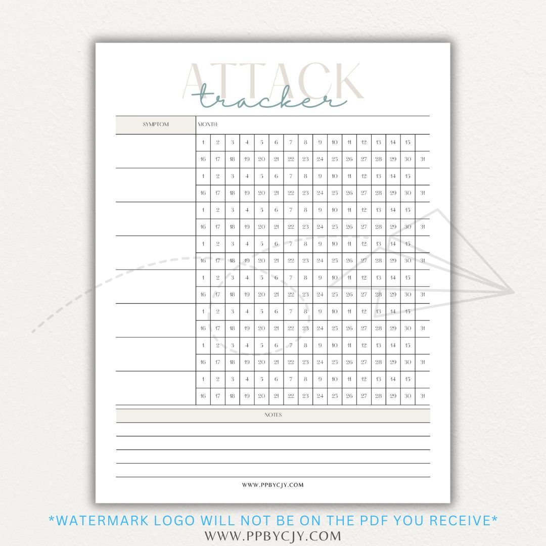 Panic attack tracker printable PDF template with sections for logging triggers, symptoms, duration, intensity, coping strategies, and after-effects.

