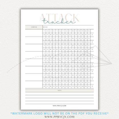 Panic attack tracker printable PDF template with sections for logging triggers, symptoms, duration, intensity, coping strategies, and after-effects.

