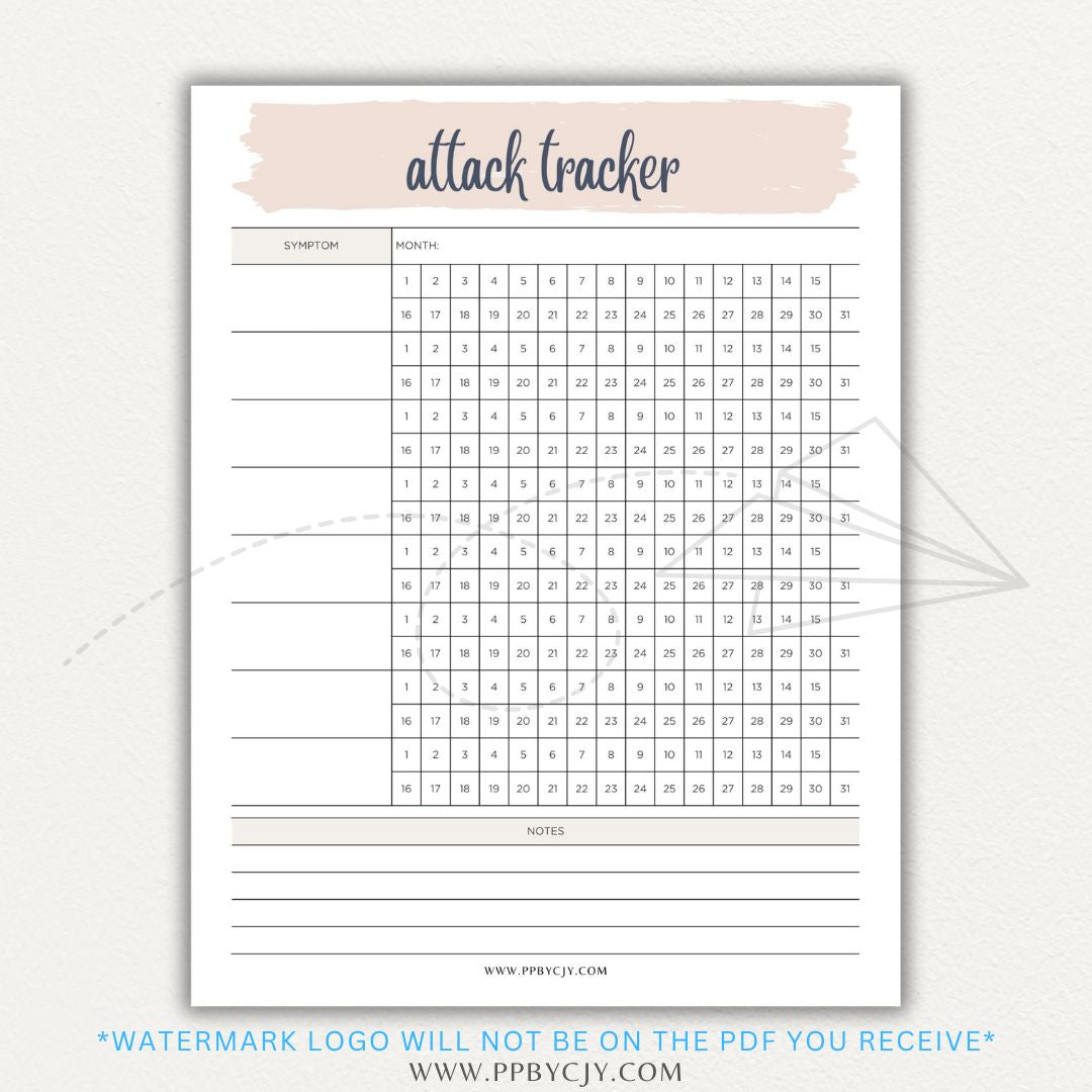 Panic attack tracker printable PDF template with sections for logging triggers, symptoms, duration, intensity, coping strategies, and after-effects.

