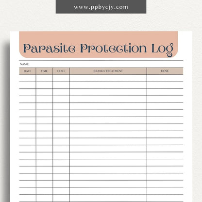 Pet Parasite Protection Log Printable Template – Digital download for tracking and managing your pet’s parasite prevention treatments, including dates, medications, and dosage information.