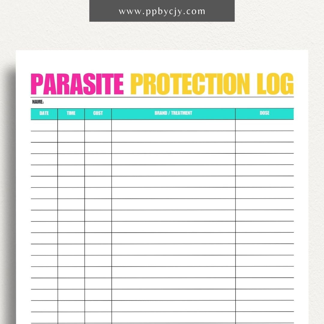 Pet Parasite Protection Log Printable Template – Digital download for tracking and managing your pet’s parasite prevention treatments, including dates, medications, and dosage information.