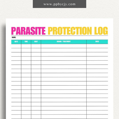 Pet Parasite Protection Log Printable Template – Digital download for tracking and managing your pet’s parasite prevention treatments, including dates, medications, and dosage information.