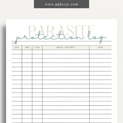 Pet Parasite Protection Log Printable Template – Digital download for tracking and managing your pet’s parasite prevention treatments, including dates, medications, and dosage information.