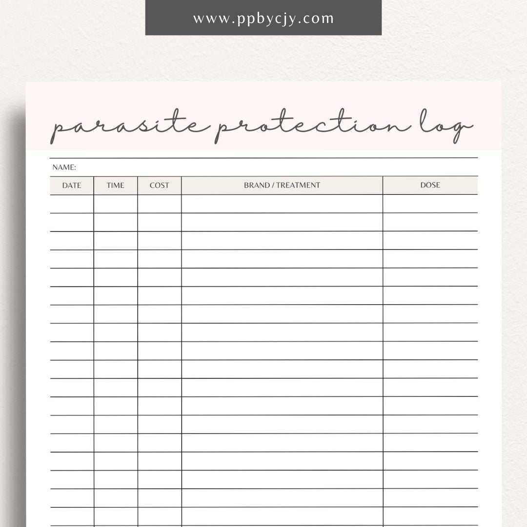 Pet Parasite Protection Log Printable Template – Digital download for tracking and managing your pet’s parasite prevention treatments, including dates, medications, and dosage information.