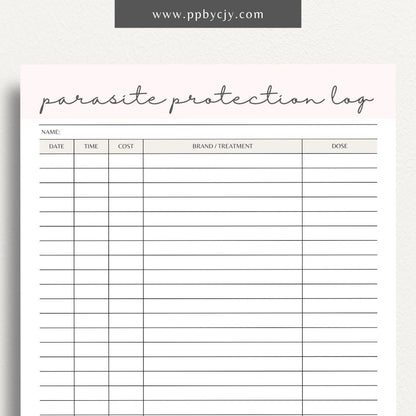 Pet Parasite Protection Log Printable Template – Digital download for tracking and managing your pet’s parasite prevention treatments, including dates, medications, and dosage information.