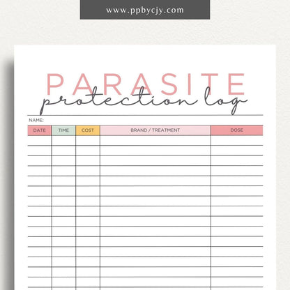 Pet Parasite Protection Log Printable Template – Digital download for tracking and managing your pet’s parasite prevention treatments, including dates, medications, and dosage information.