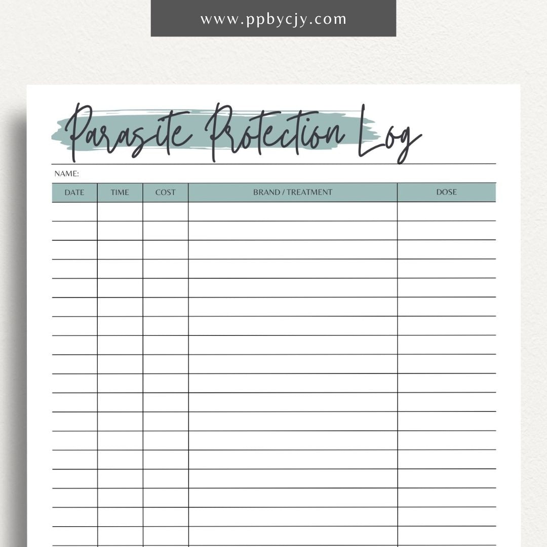 Pet Parasite Protection Log Printable Template – Digital download for tracking and managing your pet’s parasite prevention treatments, including dates, medications, and dosage information.