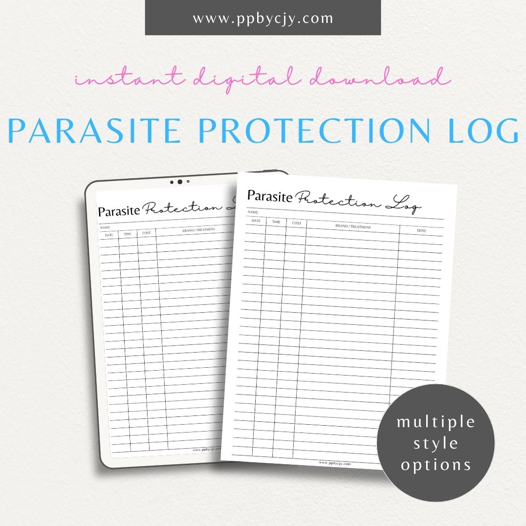 Pet Parasite Protection Log Printable Template – Digital download for tracking and managing your pet’s parasite prevention treatments, including dates, medications, and dosage information.