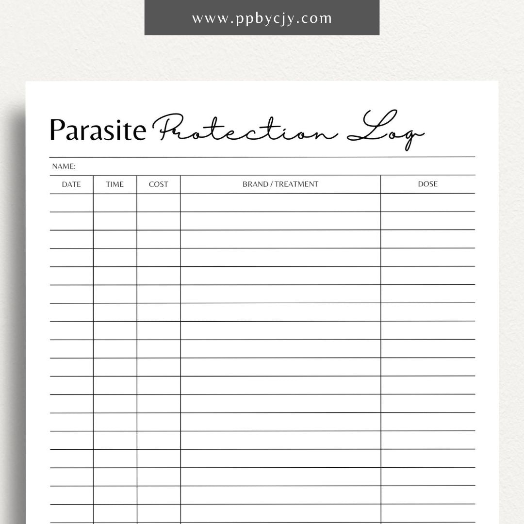 Pet Parasite Protection Log Printable Template – Digital download for tracking and managing your pet’s parasite prevention treatments, including dates, medications, and dosage information.