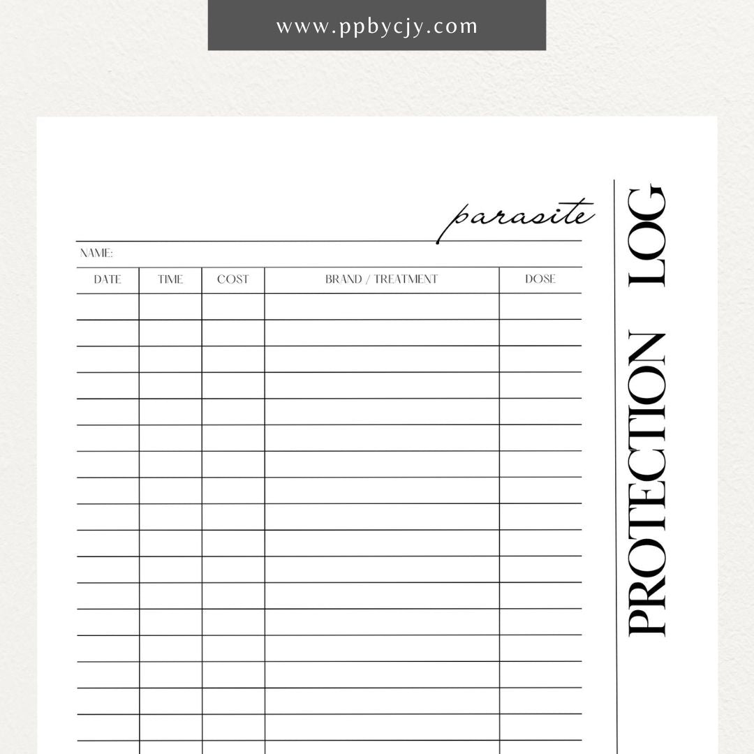 Pet Parasite Protection Log Printable Template – Digital download for tracking and managing your pet’s parasite prevention treatments, including dates, medications, and dosage information.