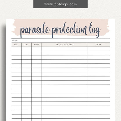 Pet Parasite Protection Log Printable Template – Digital download for tracking and managing your pet’s parasite prevention treatments, including dates, medications, and dosage information.