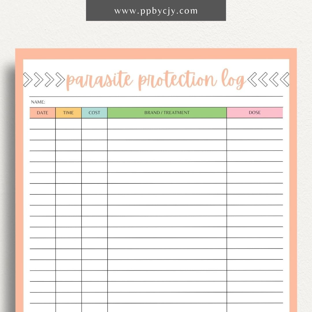 Pet Parasite Protection Log Printable Template – Digital download for tracking and managing your pet’s parasite prevention treatments, including dates, medications, and dosage information.