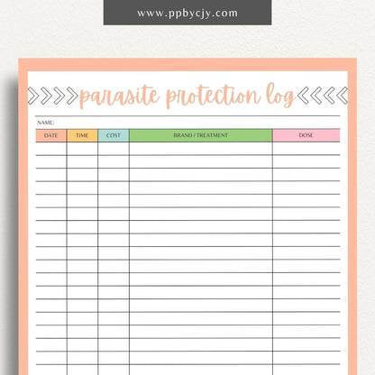 Pet Parasite Protection Log Printable Template – Digital download for tracking and managing your pet’s parasite prevention treatments, including dates, medications, and dosage information.