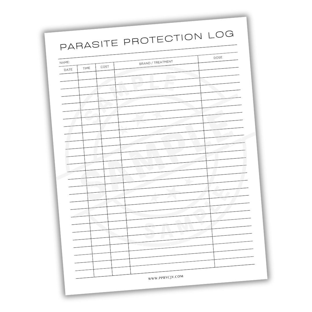 Parasite protection log sheet on a white background