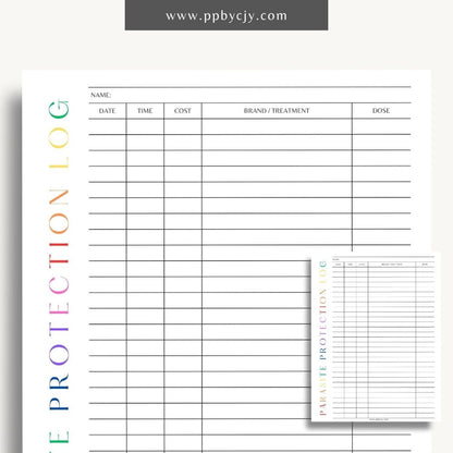 Pet Parasite Protection Log Printable Template – Digital download for tracking and managing your pet’s parasite prevention treatments, including dates, medications, and dosage information.