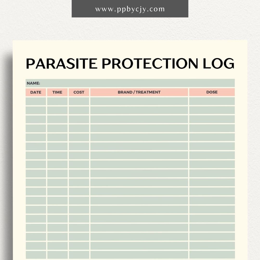 Pet Parasite Protection Log Printable Template – Digital download for tracking and managing your pet’s parasite prevention treatments, including dates, medications, and dosage information.