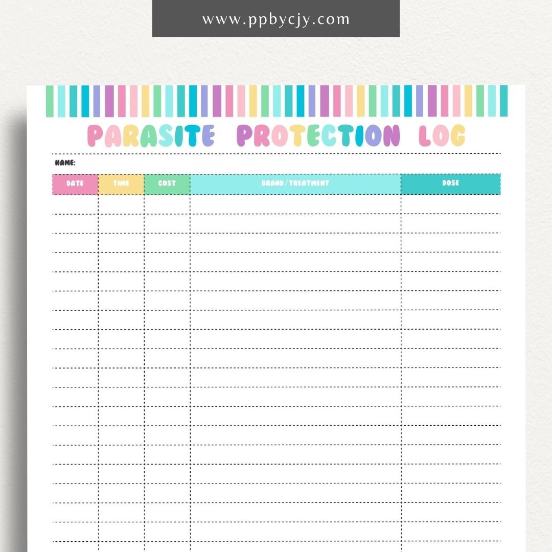 Pet Parasite Protection Log Printable Template – Digital download for tracking and managing your pet’s parasite prevention treatments, including dates, medications, and dosage information.