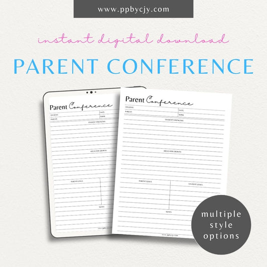 Parent-Teacher Conference Log Printable Template – Digital Download for Tracking Meetings with sections for dates, parent and teacher names, discussion topics, and follow-up actions.