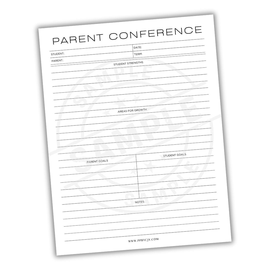 Parent conference form with lines for student, parent, and notes on a white background