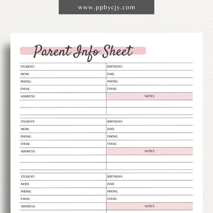 Parent Contact Information Sheet Printable PDF Template