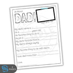 Fill-in-the-blank worksheet titled 'All About Dad!' on a white background